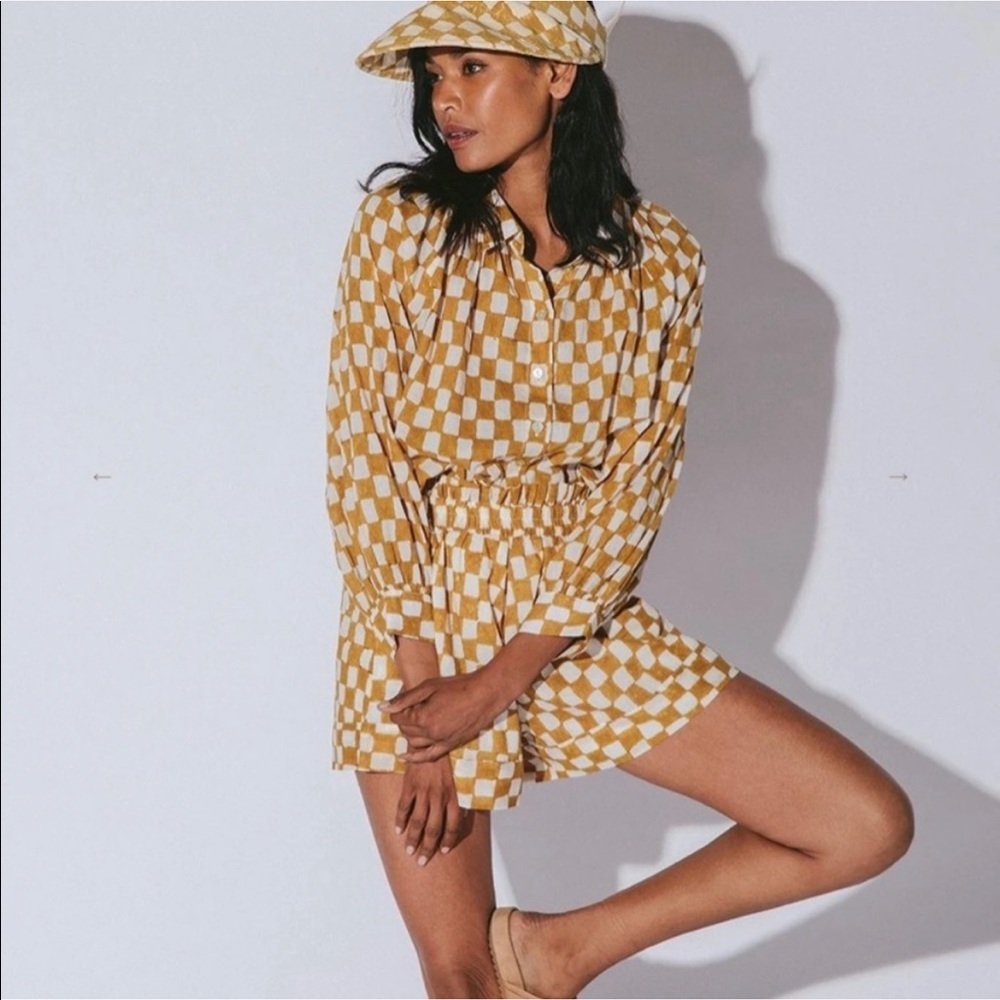 Cleobella honey and yellow checkered shorts set